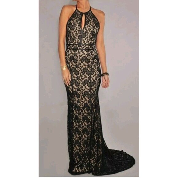Black Floral Lace Nude IIustion Dress Women's Small Open Back Faux Leather Trim - Picture 1 of 10